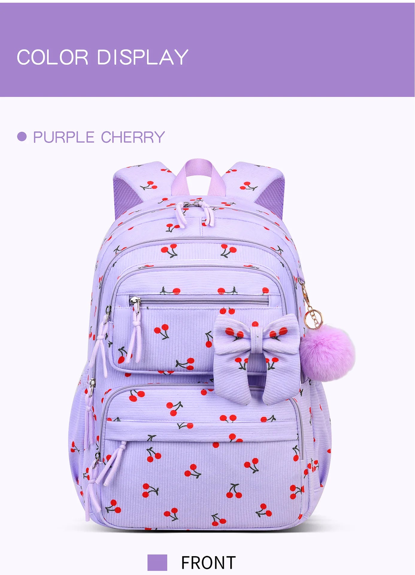 2026 High Quality Corduroy Three Piece Backpack with Cherry Pattern Princess Large Capacity Lightweight School Bag mochilas