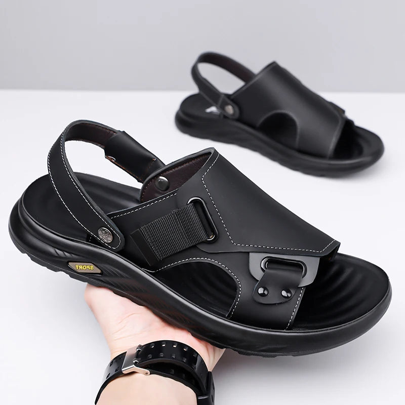2026New Summer Mens Summer Outdoor Sandals 2-in-1 Beach Walking Shoe Genuine Leather Business Driving Shoe Flat Designer Sandals