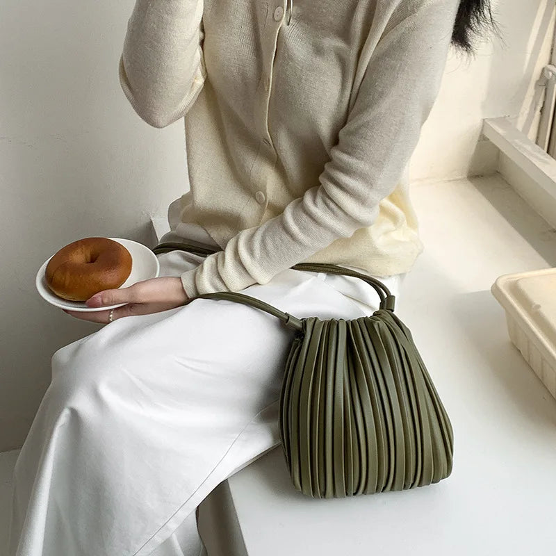 PU Leather Small Square Crossbody Bags for Women 2026 New Fashion Pleated Versatile Phone Shoulder Bag Korean Luxury Handbags