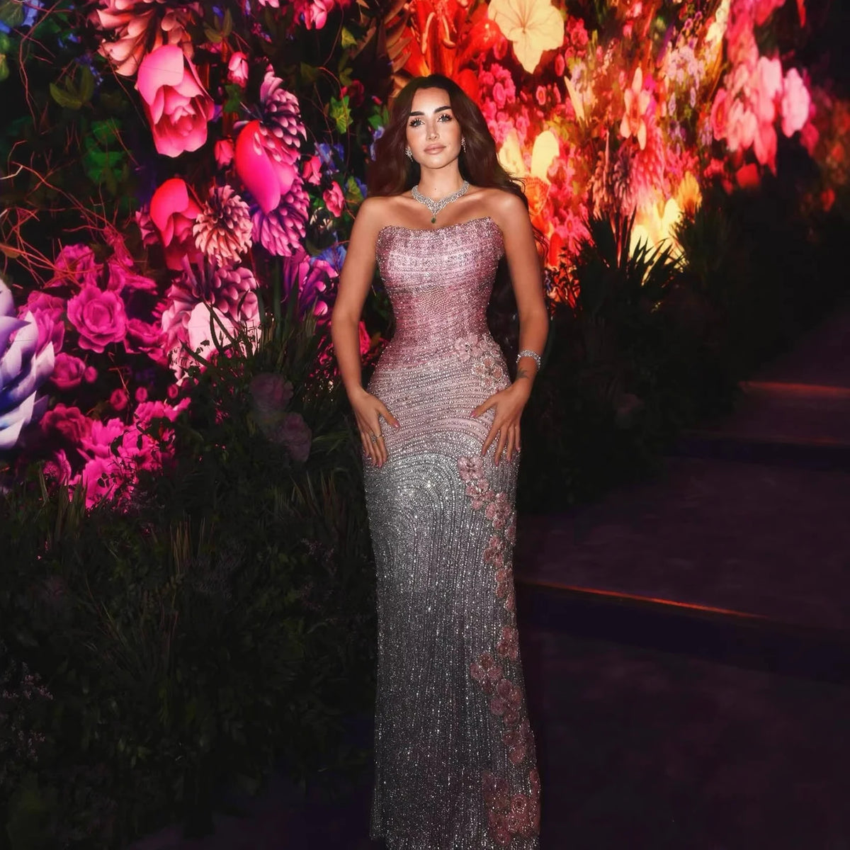 Serene Hill 2026 Luxury Pink Gradient Beaded Mermaid Evening Dress Strapless Crystal Floral Formal Gown LA73532 Customized