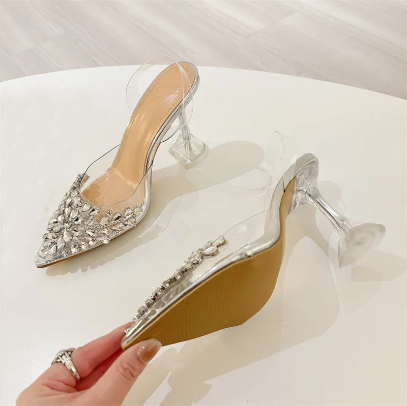 Liyke 2026 New Gold Silver Diamond Rivet Pointed Toe Slingback Sandal Women Pumps Sexy Clear High Heels Wedding Party Prom Shoes