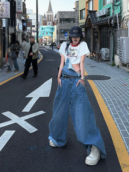 ReddaChic Women's Wide Leg Denim Overalls Casual Chic Autumn Winter Romper Loose Floor-Length Jumpsuit Jeans Trousers Rompers