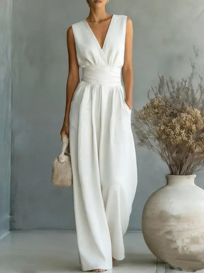 2026  V Neck Women's Jumpsuits Elegant Solid High Waist Rompers Casual Wide Leg Pants Pocket Overalls Vacation Outfit Loose