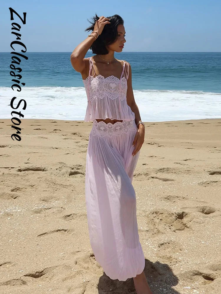 Beach Pink Lace Spliced Women's Set Summer See Through Strap Tank Top Pleated Lantern Pants Sets Lady New Casual Vacation Outfit