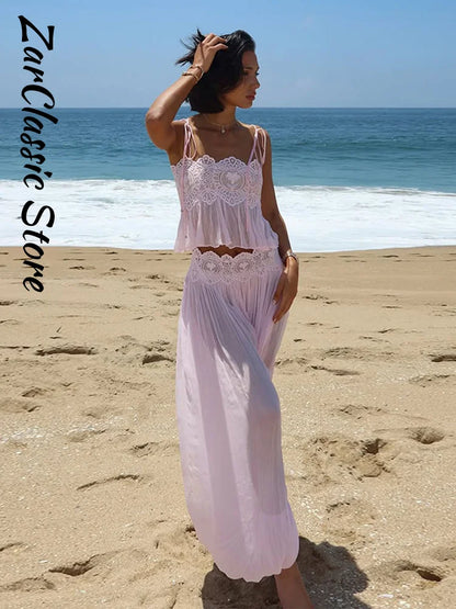 Beach Pink Lace Spliced Women's Set Summer See Through Strap Tank Top Pleated Lantern Pants Sets Lady New Casual Vacation Outfit