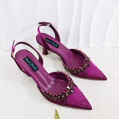 QueenaYan Slip-on High Heels and Matching Small Bag Nigeria Fashionable Party Pointed Shoes with Bag or A Pair of Work Shoes