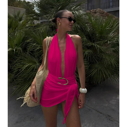Two Pieces Micro Bikini 2026 Sexy Swimsuit Women Halter Swimwear Biquini Female Solid Bodysuit Bathing Suits Sarong Mini Skirt