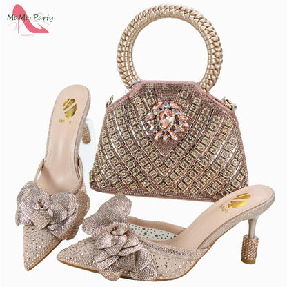 Purple Color New Arrivals Italian Design Nigerian Women Shoes and Bag Set Pointed Toe Slipper with Shinning Crystal for Party