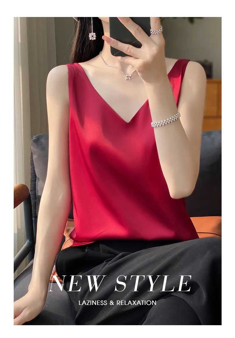 New Lce Silk Satin Camisole Women's Spring/Summer Solid Color Sleeveless Sexy Comfortable Silk Underwear Vest RW-D09