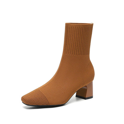 Black Square Toe Knit Sock Boots Elastic Slim Thick Block Heel High Heels Short Boots Fashion Autumn Casual Skinny Ankle Boots