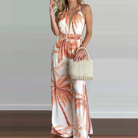 New Summer Sleeveless Halter Jumpsuits for Women Backless Print Lace-up Wide-leg Women Jumpsuit Rompers Womens Jumpsuit Q3706