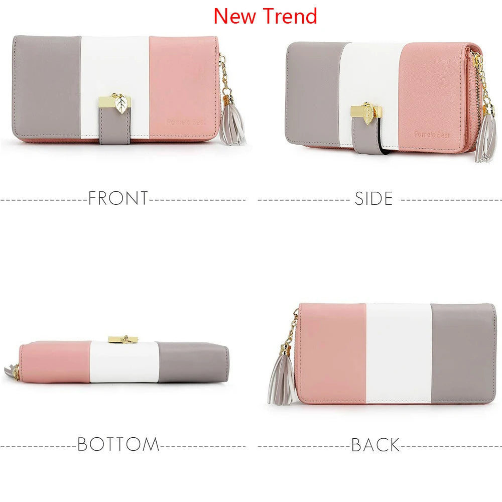 Pomelo Best Tri-color Women's Wallet Zipper Long Billfold PU Leather Large 9 Card Slots Coin Purse RFID Blocking Tassel Pendant
