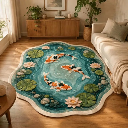 Lotus Pond Koi Fish Irregular Rug Art Pastoral Decor Living Room Carpet Bedroom Bedside Plush Rugs Soft Washable Floor Mat