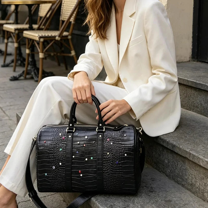 Luxury Large-capacity Travel Handbag For Women Versatile Crocodile Pattern Crossbody Bag Fashion Diamond Design Commuter Bag