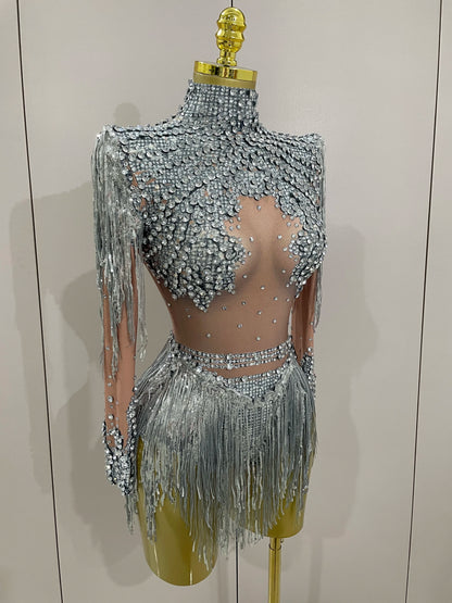 Sparkly Rhinestone Sequin Tassel Stretch Bodysuits 2025 New Arrival Women Birthday Party Nightclub Dj Stage Performance Costume