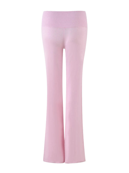 Combhasaki Women's Y2l Knitted Flared Long Pants Slim Fit Solid Color Fold Over Waist Elastic Low Rise Back Bow Decor Trousers