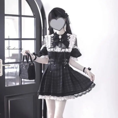 Summer Japanese Dark Goth Academy Style Dress Women's Bow Lace Off Shoulder Plaid Dress Y2K Harajuku Jirai Kei Dress Yami Kawaii