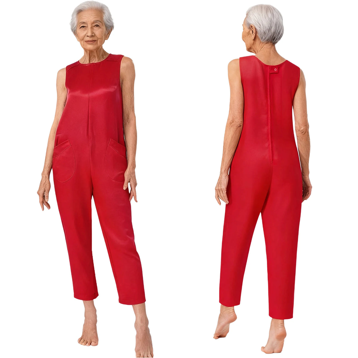 Women Elderly Alzheimer Special Needs Adaptive Jumpsuit Back Zipper Anti-Strip Pockets Rompers Daily Wear Homewear Sleepwear