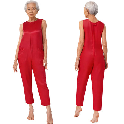 Women Elderly Alzheimer Special Needs Adaptive Jumpsuit Back Zipper Anti-Strip Pockets Rompers Daily Wear Homewear Sleepwear