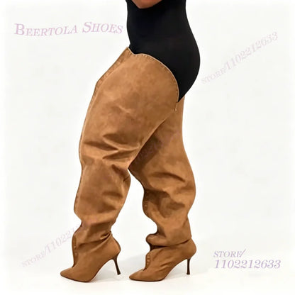 Wide Leg Loose Fitting Brown Suede Boots Women Long Pleated  Stiletto Heels Pointed Toe Summer Denim Khaki Party Cool Girl Shoes