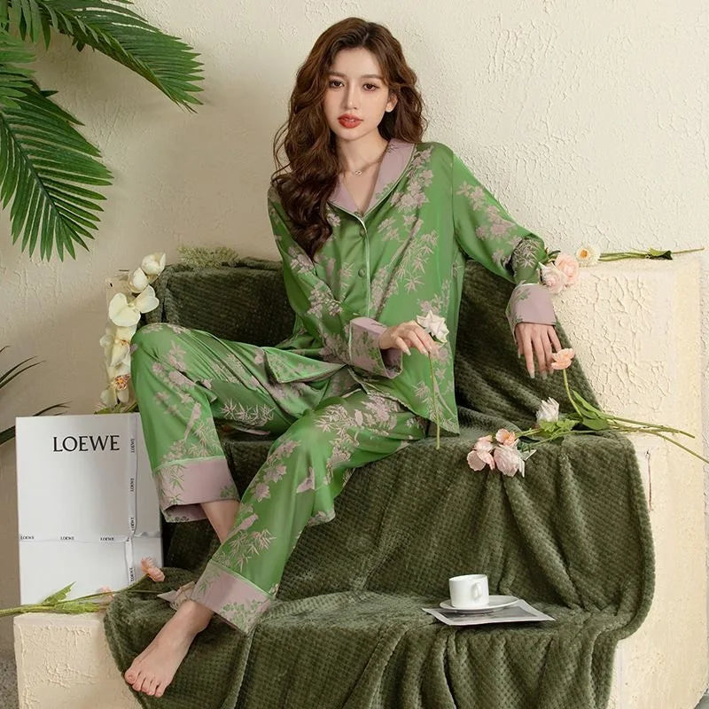 Women Pajamas Set Large Collar Green Cardigan Home Wear Two-Piece Long-Sleeved Outside Ladies Ice Silk Sleepwear Spring Autumn
