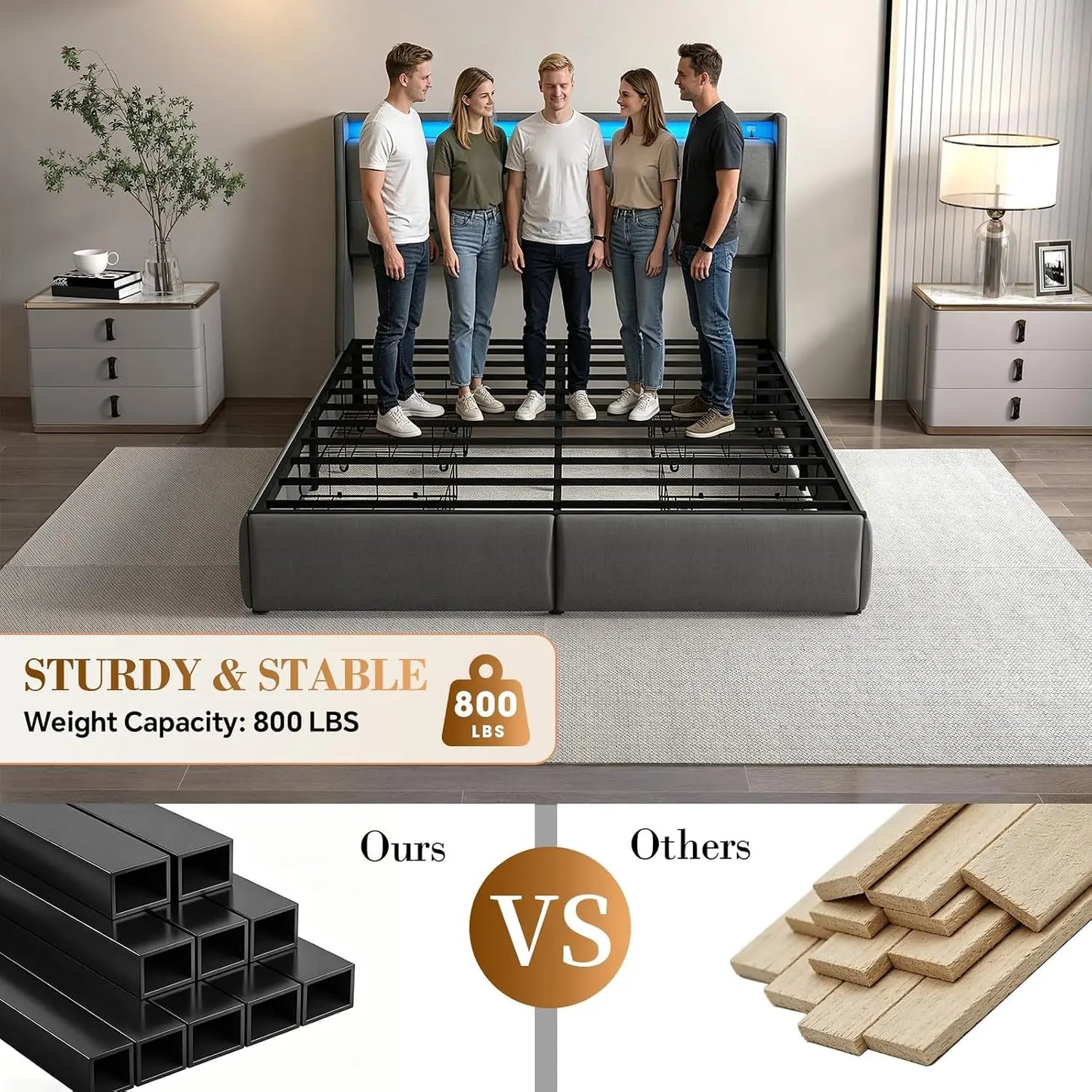 Queen Upholstered Bed Frame 4 Storage Drawers LED Lights USB Charging Headboard, Custom