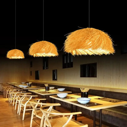 Japanese Wabi Sabi LED E27 Pendant Lights 50CM Rattan Straw Hat Chandelier Retro B&B Suspend Lamp Retro Raffia Decor Droplight