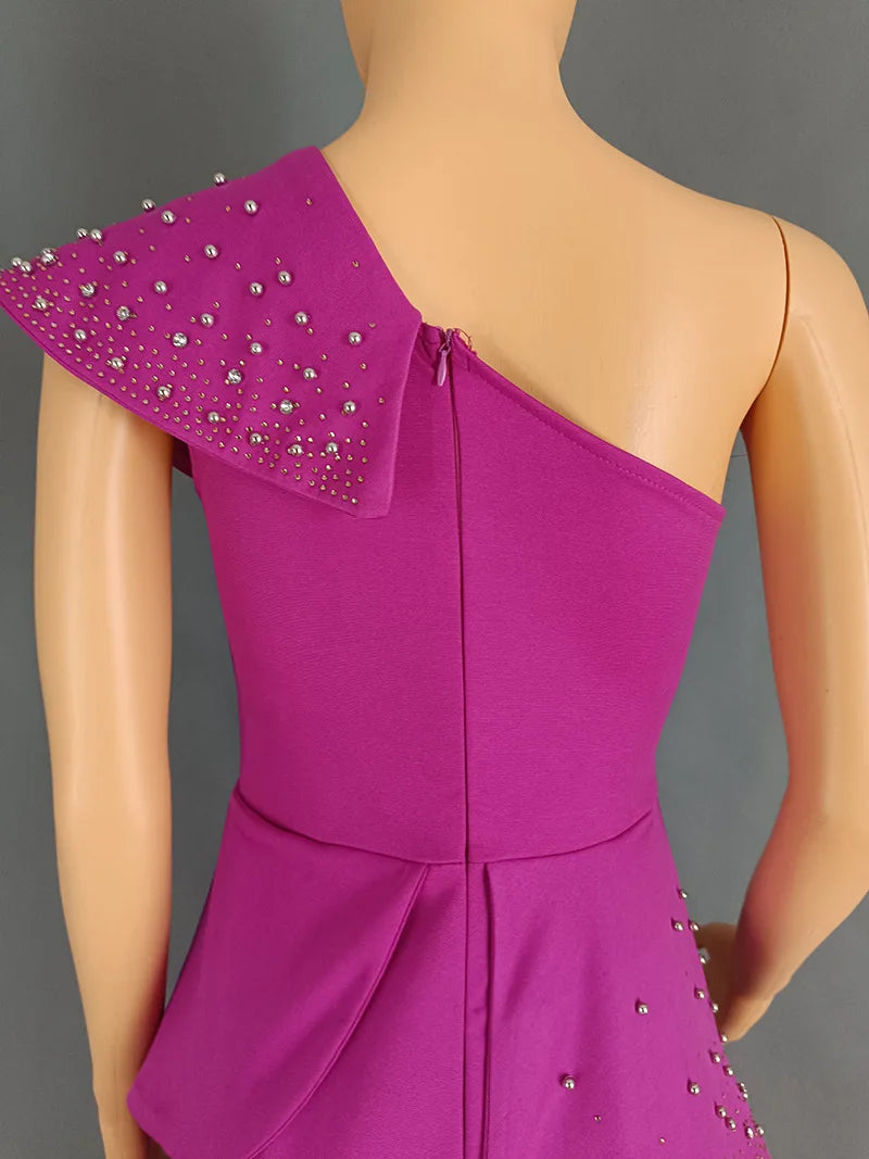 Women Jumpsuit One Shoulder Feather Diamond Peplum Party Fashion Female One Piece African Event Occasion Rompers New Summer 2024