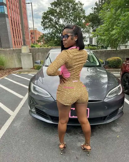 Leopard Print Night Club Shorts Outfit Set Sexy Women Skinny Two Pieces Sports Matching Set Casual Tracksuit Set