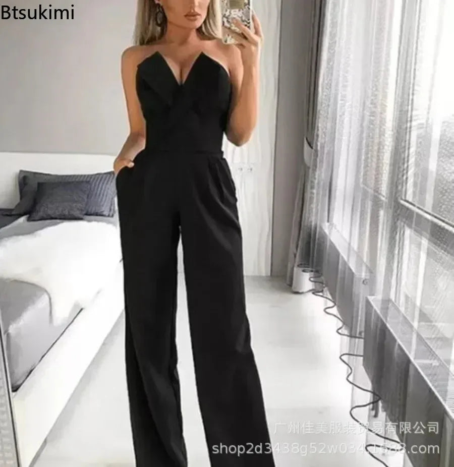 New Fashion Women's Elegant Jumpsuits Solid Off Shoulder Sexy Slim Jumpsuits Female Sleeveless High Waist Wide Leg Rompers Pants