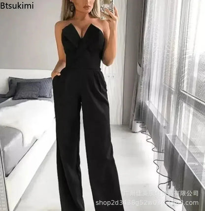 New Fashion Women's Elegant Jumpsuits Solid Off Shoulder Sexy Slim Jumpsuits Female Sleeveless High Waist Wide Leg Rompers Pants