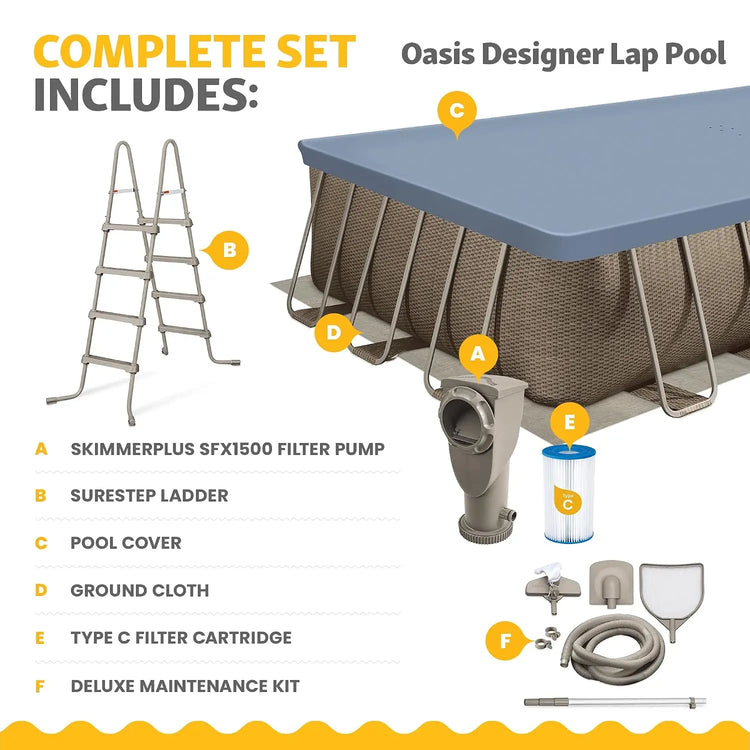 Oasis Designer Lap 24' x 12'x 52" Rectangular Above Ground Swimming Pool, with FiltraBoost 1200 GPH Filter Pump,, Customized
