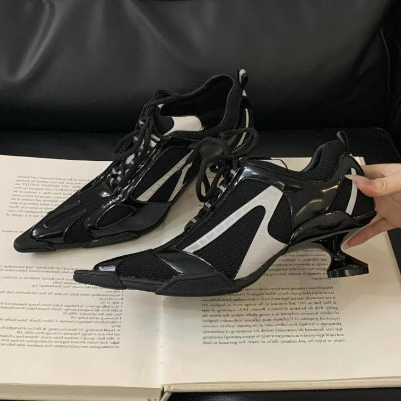 Silver Lace-up Sports Heels Women Fashions Pointed Toe Strange Style Mesh Sneakers Elegant Punk Shoes Female Luxury Brands Pumps