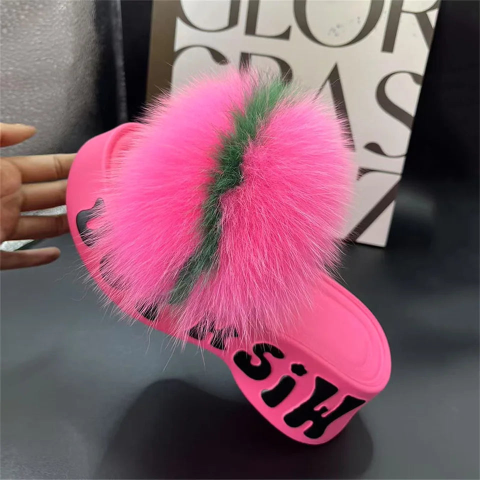 Real Fox Fur Slippers for Woman Luxury 2025 Slippers Summer Woman Sandals Thick Sole Pink Fur Slippers Fluffy Slides for Woman
