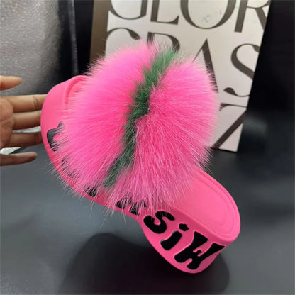 Real Fox Fur Slippers for Woman Luxury 2025 Slippers Summer Woman Sandals Thick Sole Pink Fur Slippers Fluffy Slides for Woman