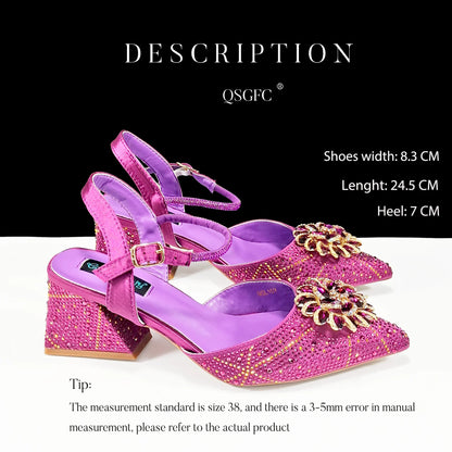 QueenaYan African Ladies Elegant Pointed Toe Shoes with shiny Metal Stand Bag Women Party Shoes or Commuting Shoes and Bag Set