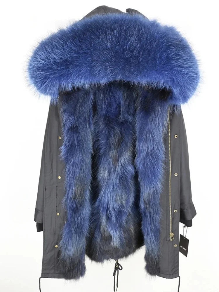 Real Fur Coat Winter Jacket Women Long Parka Waterproof Big Natural Raccoon Fur Collar Hood Thick Warm Real Fox Fur Liner coat