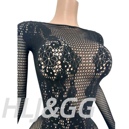 HLJ&GG Black Sexy High Quality Stretchy Knit See Though Bodycon One Piece Jumpsuits Women Long Sleeve Slim Playsuits Streetwear
