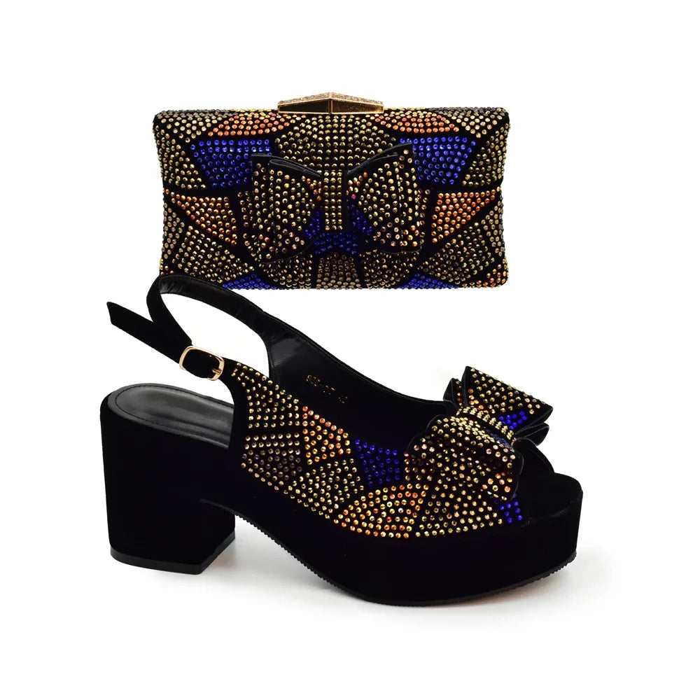 Nigeria Ladies Shoe and Bag Set Decorated with Rhinestone Block Heel Comfortable Platform Pumps Luxury Designer Shoes Women