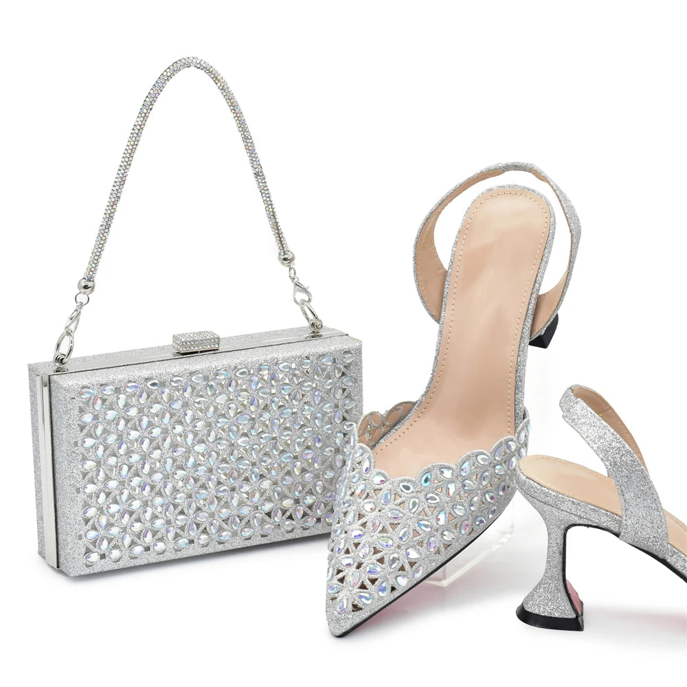 New Arrival Nigeria Women Designer Shoes and Bags Decorated with Rhinestone Wedding Italian Shoes Bag Set Pumps Women Luxury