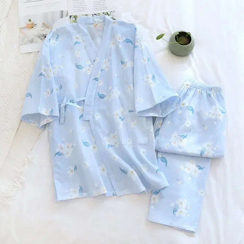 2026 new seven-sleeve Japanese-style kimono pajamas set female spring and autumn 100% cotton gauze home clothes cute sweet two-p