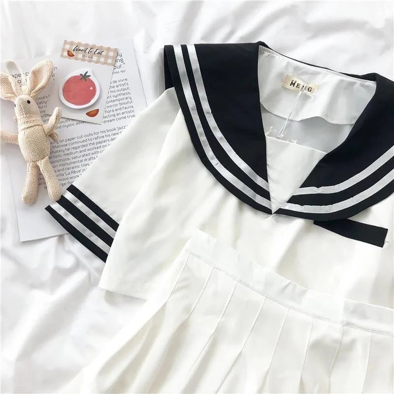 Japanese New Sailor Suit White and Navy Summer Women Student JK Uniform Suit College Style Girls Short Top Pleated Skirt Sets