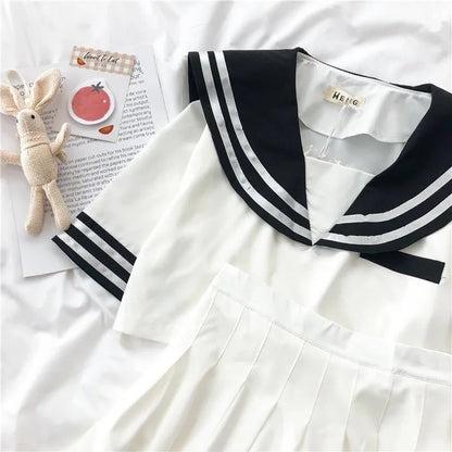 Japanese New Sailor Suit White and Navy Summer Women Student JK Uniform Suit College Style Girls Short Top Pleated Skirt Sets