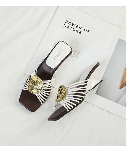 Luxury Designer Square Toe Slippers Heeled Sandals for Woman Shoes 2026 New Elegant Pumps Flip Flops Dress Summer Mujer Zapatos