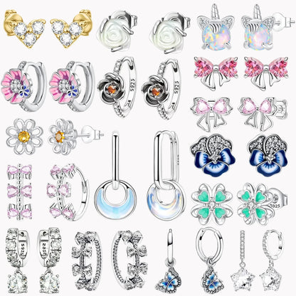 Original 925 Sterling Silver Luxury Bow Flower Shaped Clover Rose Pendant Earrings Elegant Mature Women Delicate Jewelry Gift