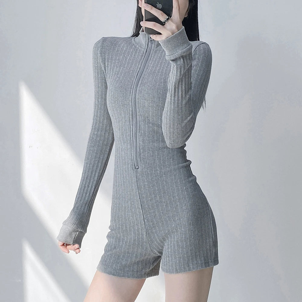 Women's Jumpsuits Long Sleeve Slim Fit Stretch One Piece Yoga Shorts Playsuits Romper Sexy Fitness Big Zipper Sportwears