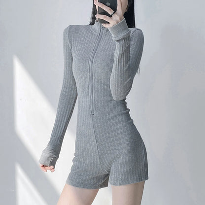 Women's Jumpsuits Long Sleeve Slim Fit Stretch One Piece Yoga Shorts Playsuits Romper Sexy Fitness Big Zipper Sportwears