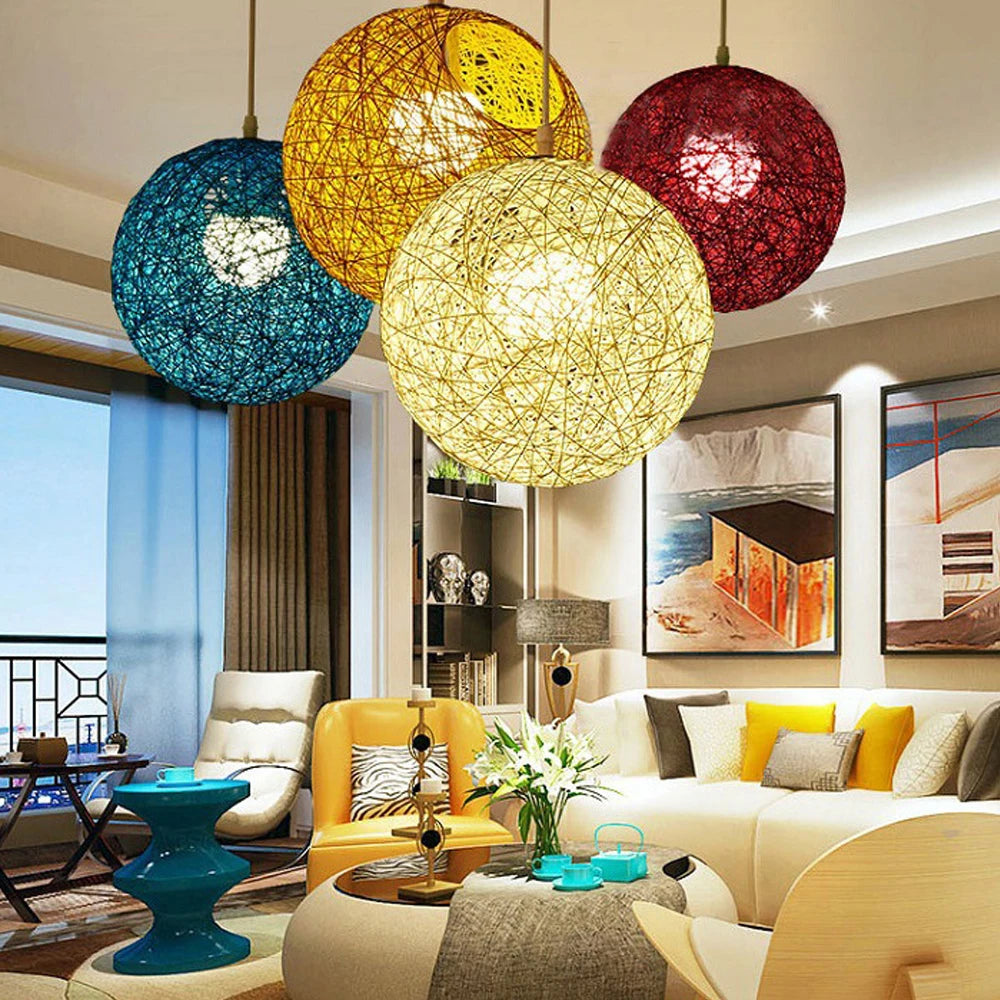 Nordic Hand-woven Rattan Pendant Lights Ceiling Chandelier Modern Hanging Lamps Restaurant Living Room Kitchen Lighting Fixtures