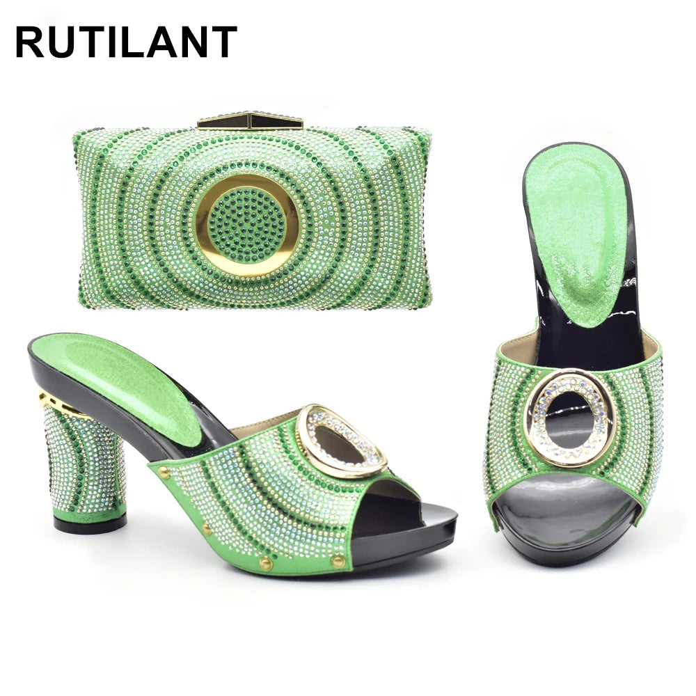 New Shoes and Bag Set African Sets Green Color Italian Shoes with Matching Bag for Women Nigerian Shoes and Bag Set for Wedding