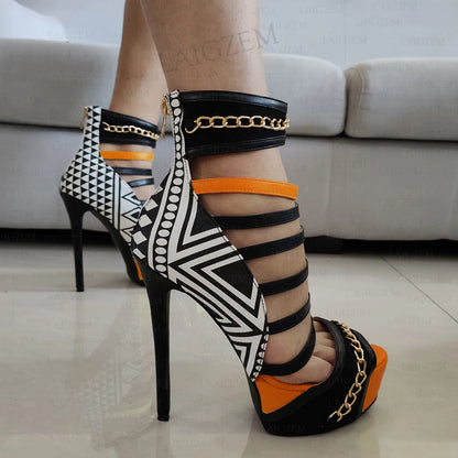 LAIGZEM Women Platform Sandals Back Zip Stiletto High Heels Pumps Multi Colors Prom Ladies Shoes Woman Big Size 41 43 44 46 52